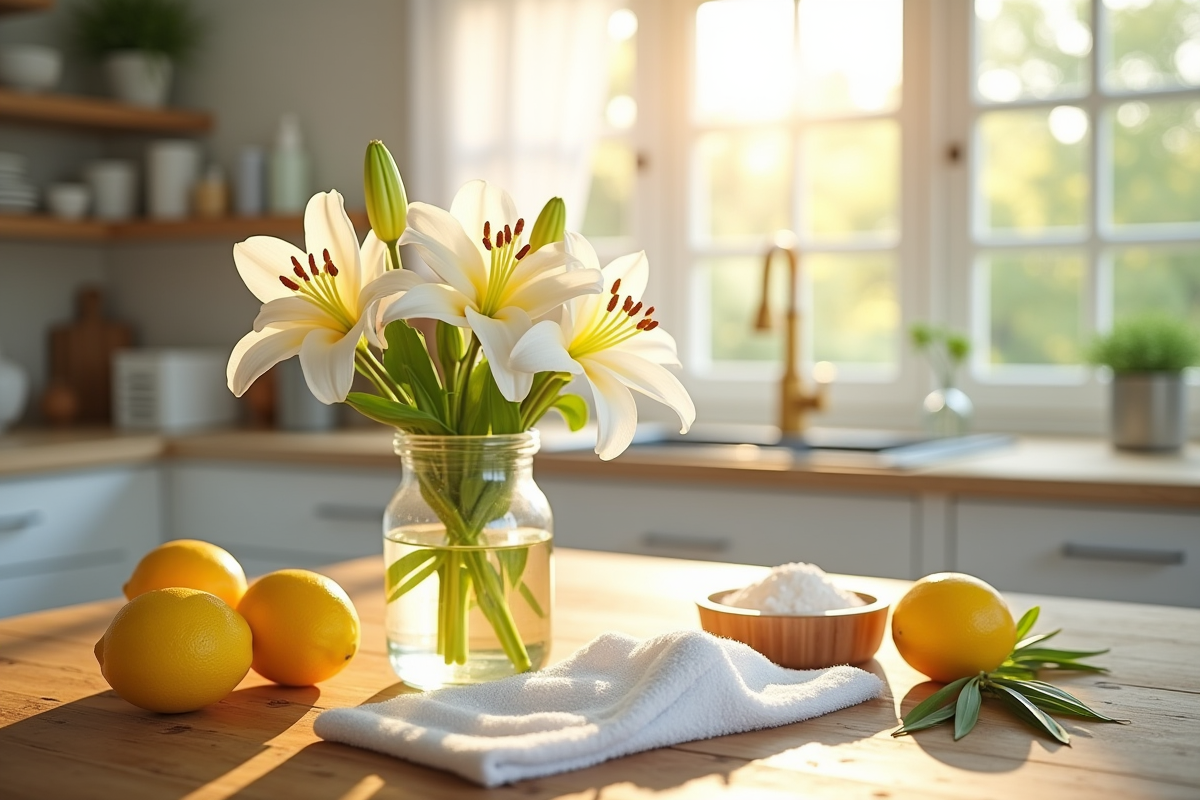 Table de cuisine ensoleillee avec un bouquet de lys et ingredients naturels