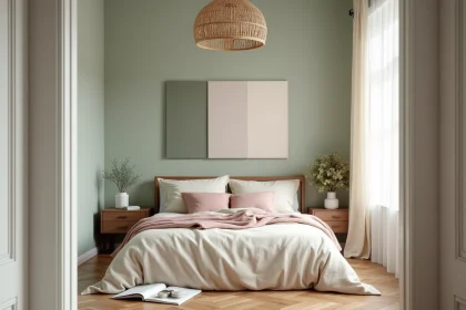 Chambre apaisante avec des échantillons de couleurs sur un mur vert sauge et une literie en lin crème