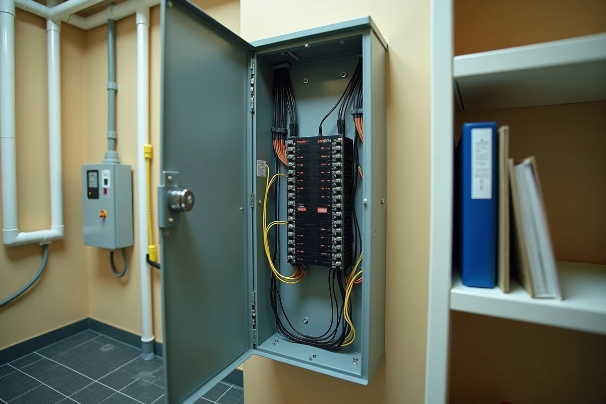 Tableau électrique avec câblage des circuits BAES dans un local technique d'un établissement recevant du public prêt pour la commission de sécurité