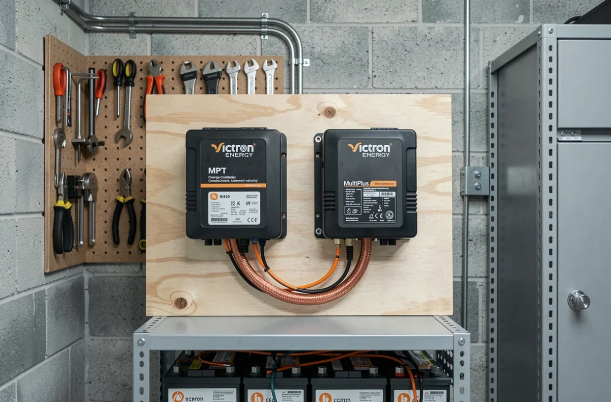 Tableau électrique solaire Victron avec contrôleur MPPT, onduleur et batteries lithium dans un local technique de garage