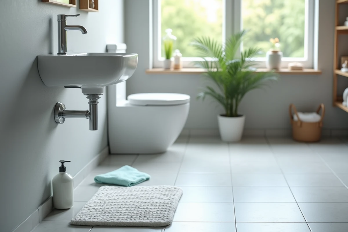 Tapis de salle de bains antidérapant propre posé devant un lavabo avec produits d'entretien doux