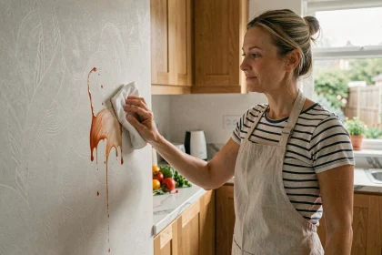 Femme essuyant une tache sur une tapisserie lavable dans une cuisine familiale moderne