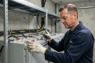 Technicien solaire inspectant une banque de batteries lithium connectée à un système de panneaux solaires de 3000W dans une salle technique industrielle