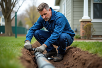 Technicien en overalls connectant des tuyaux extérieurs