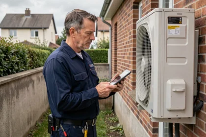 Technicien HVAC professionnel inspectant une pompe à chaleur air-air installée sur la façade d'une maison individuelle