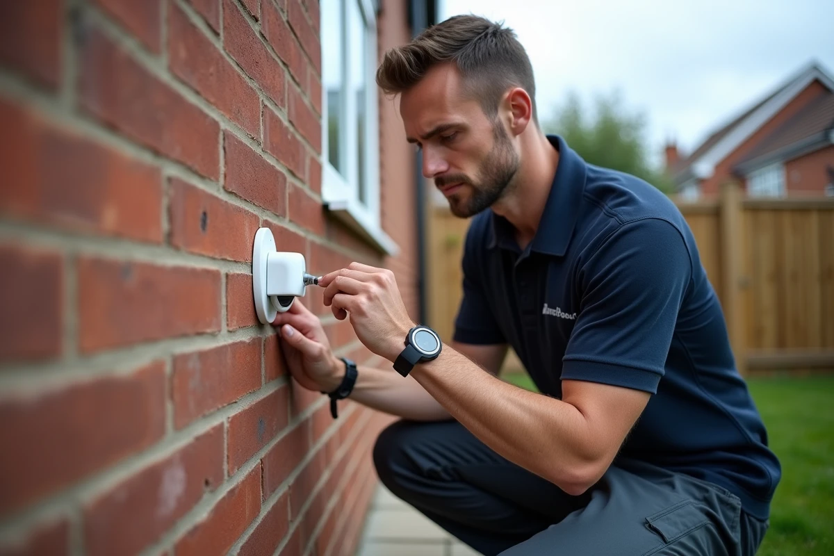 Technicien Verisure installant un capteur d'alarme sur la façade d'une maison
