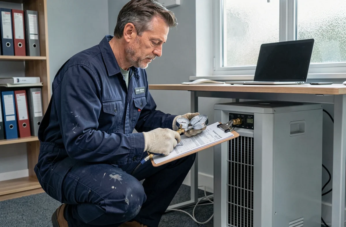 Technicien installant une mini pompe à chaleur dans un petit bureau à domicile avec outils professionnels