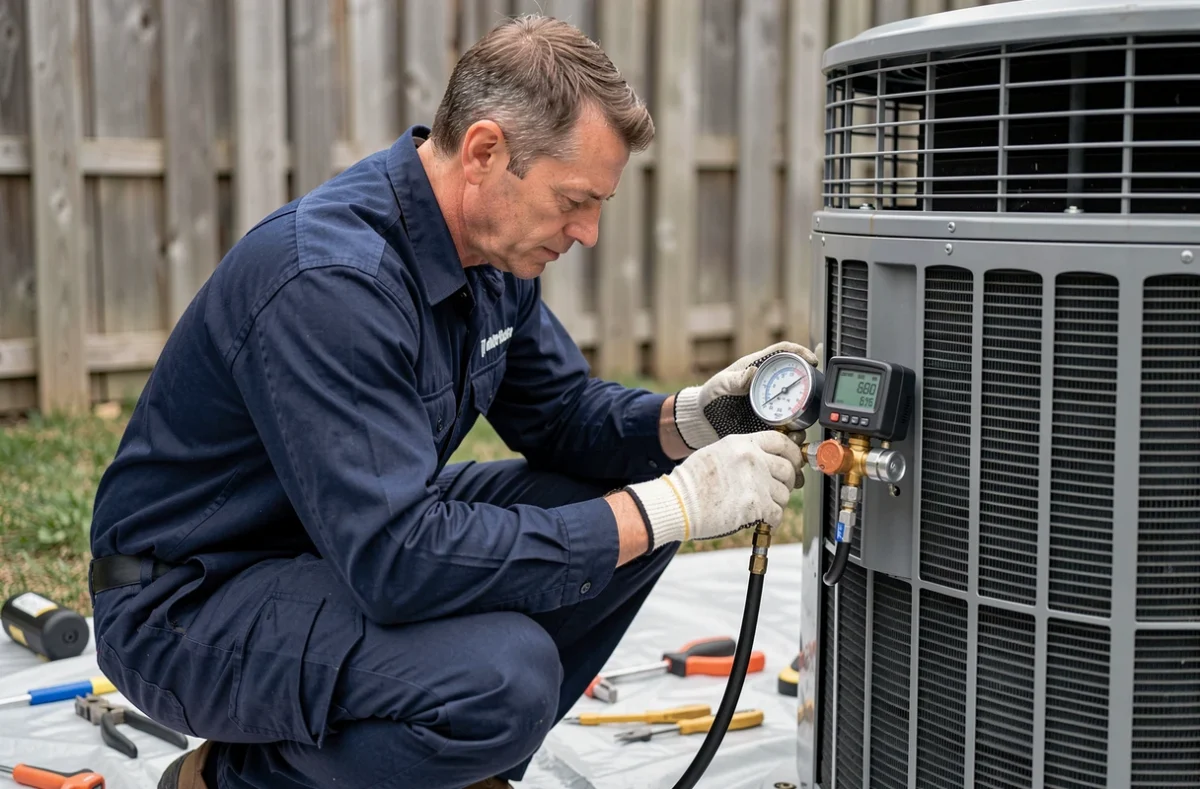 Technicien chauffagiste en train d'installer et de régler une pompe à chaleur air-eau de 9 kW dans un jardin résidentiel