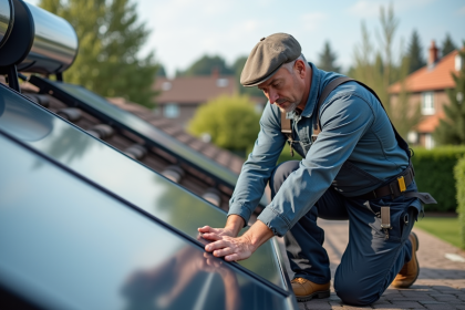 Technicien v&eacute;rifiant un chauffe-eau solaire sur un toit r&eacute;sidentiel