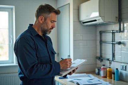 Technicien en uniforme observant une pompe &agrave; chaleur moderne