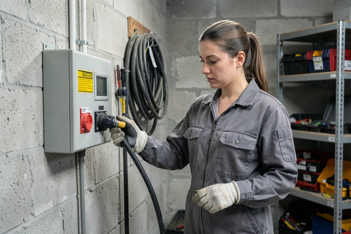 Technicienne connectant un câble triphasé 380V à un panneau de prises murales dans un atelier