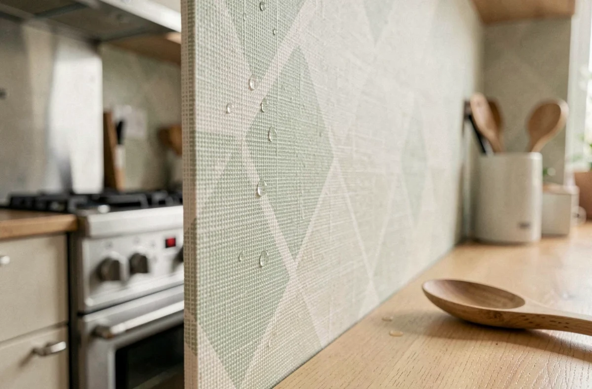 Gros plan sur la texture d'une tapisserie lavable résistante à l'eau dans une cuisine