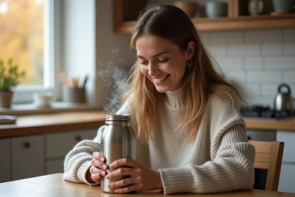 Femme tenant un thermos isotherme en inox dans une cuisine scandinave en bois clair, vapeur visible, ambiance chaleureuse automnale