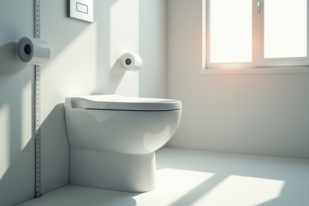 Vue latérale d'une toilette blanche moderne avec mètre ruban pour mesurer la hauteur