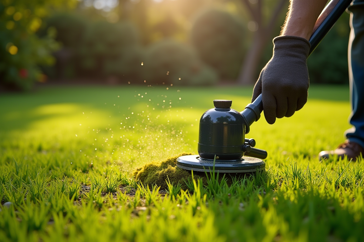 Jardinier utilisant un scarificateur manuel sur une pelouse verte ensoleillée