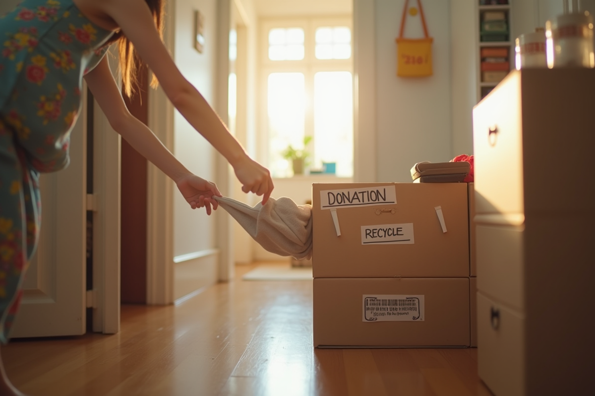 Mains triant des objets dans des boîtes de dons et recyclage