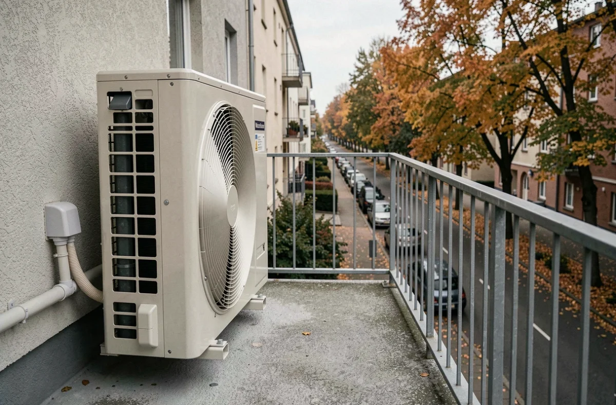 Unité extérieure de mini pompe à chaleur sur un balcon d'appartement avec vue sur une rue résidentielle