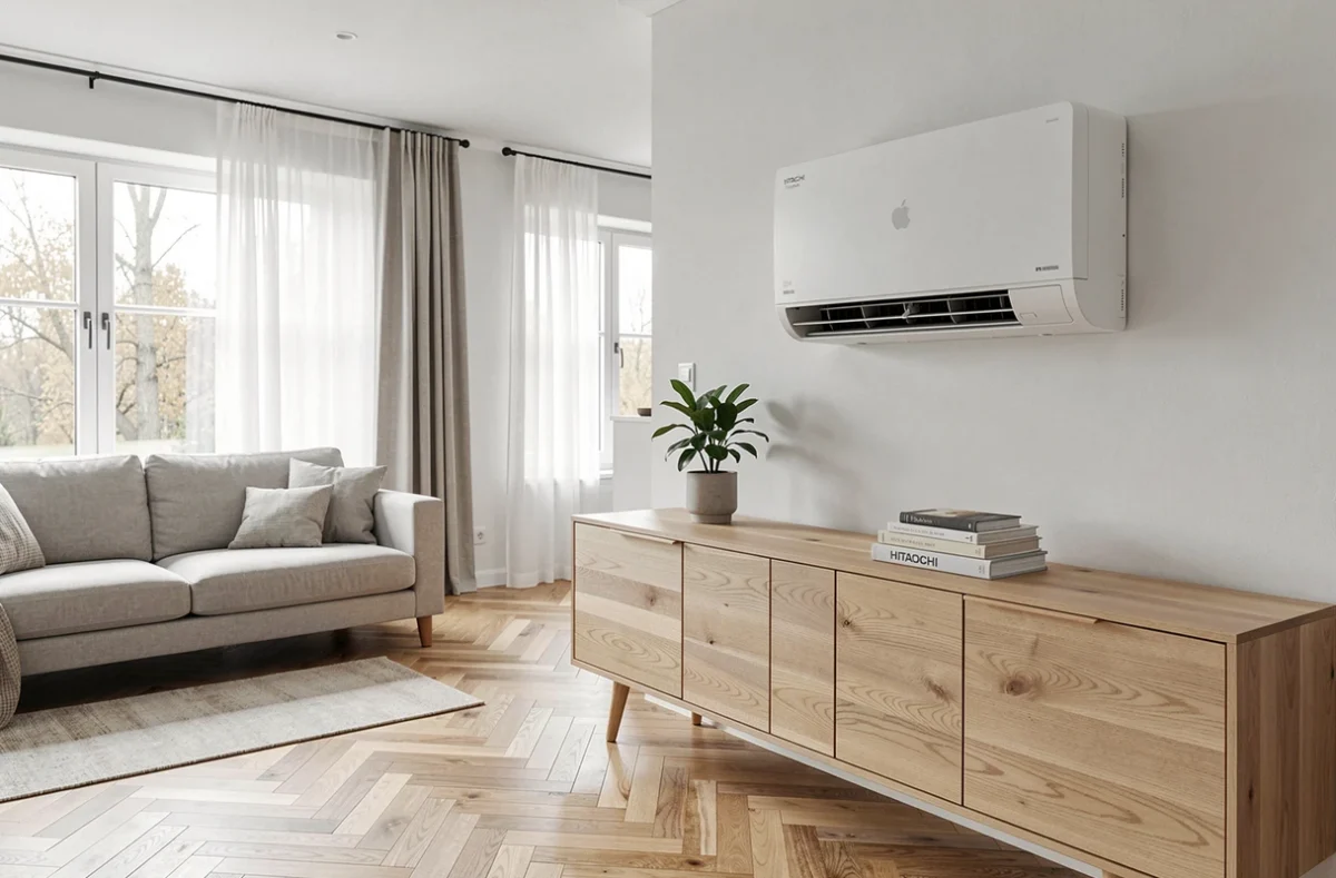 Unité intérieure de pompe à chaleur Hitachi Yutaki dans un salon moderne au design scandinave