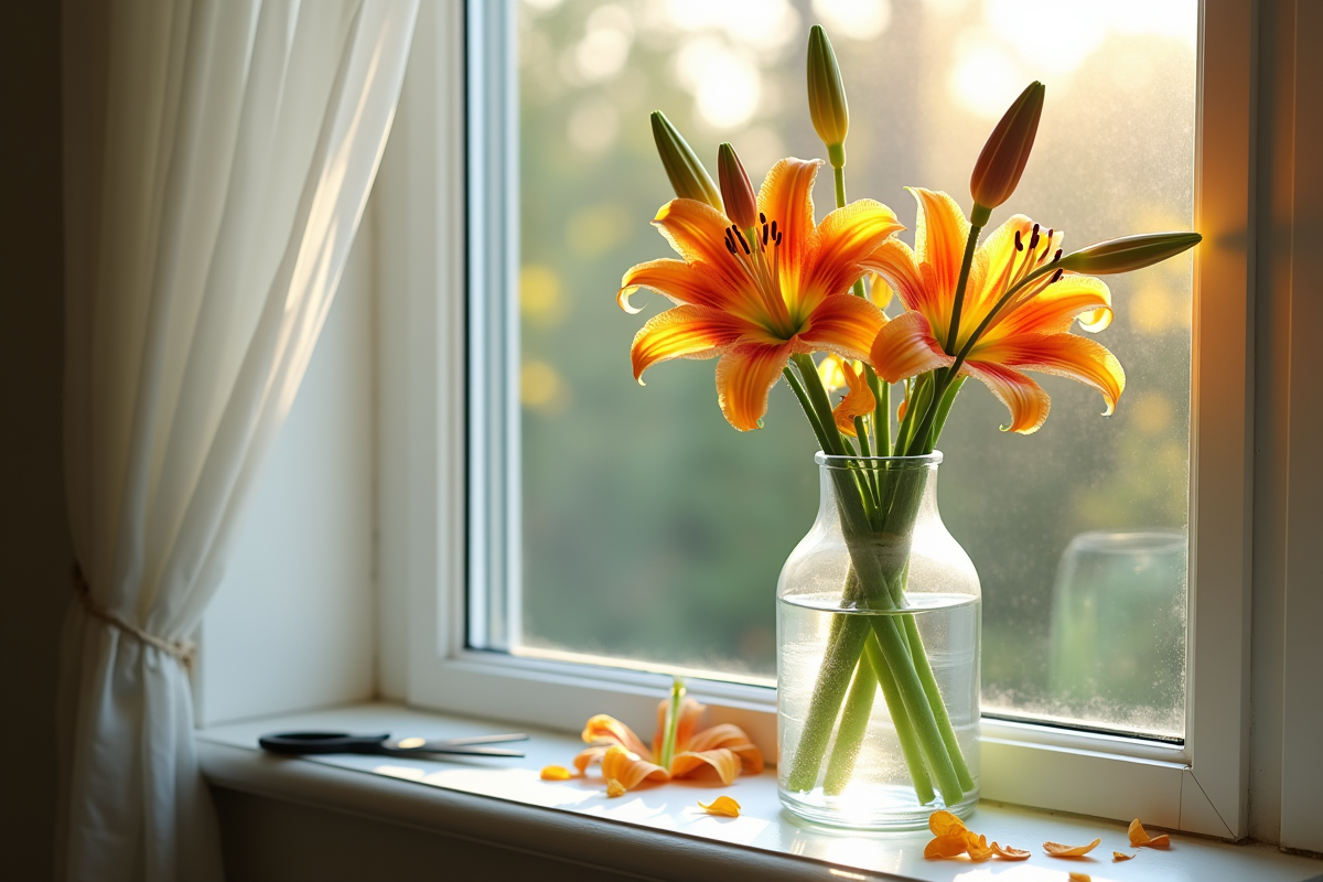 Vase avec tulipes fraîches et fanées sur une fenêtre en matinée