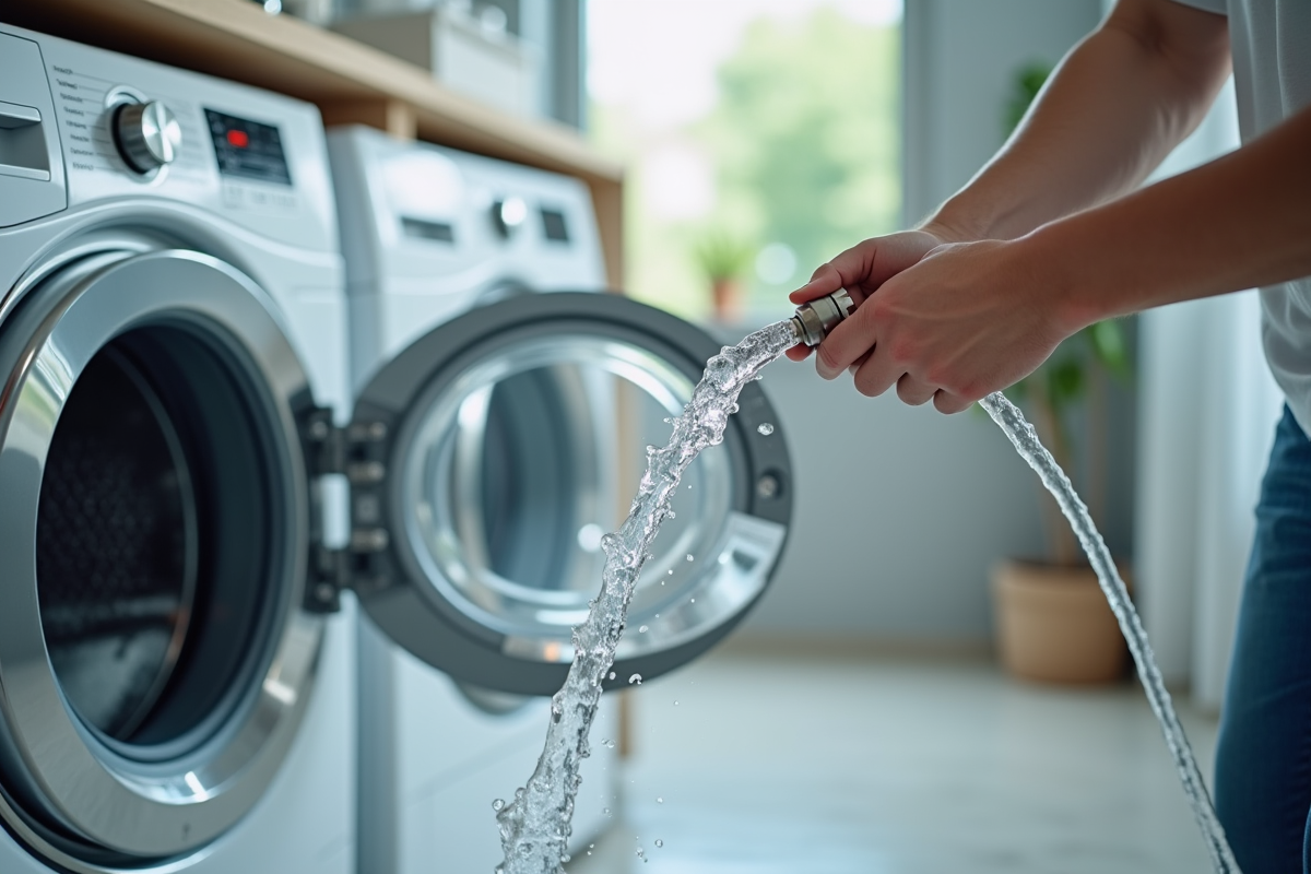 Personne utilisant un tuyau pour siphonner l'eau d'un lave-linge moderne