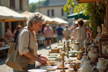 Vide grenier animé dans un village du 79 avec des chineurs autour des tables de brocante en plein air