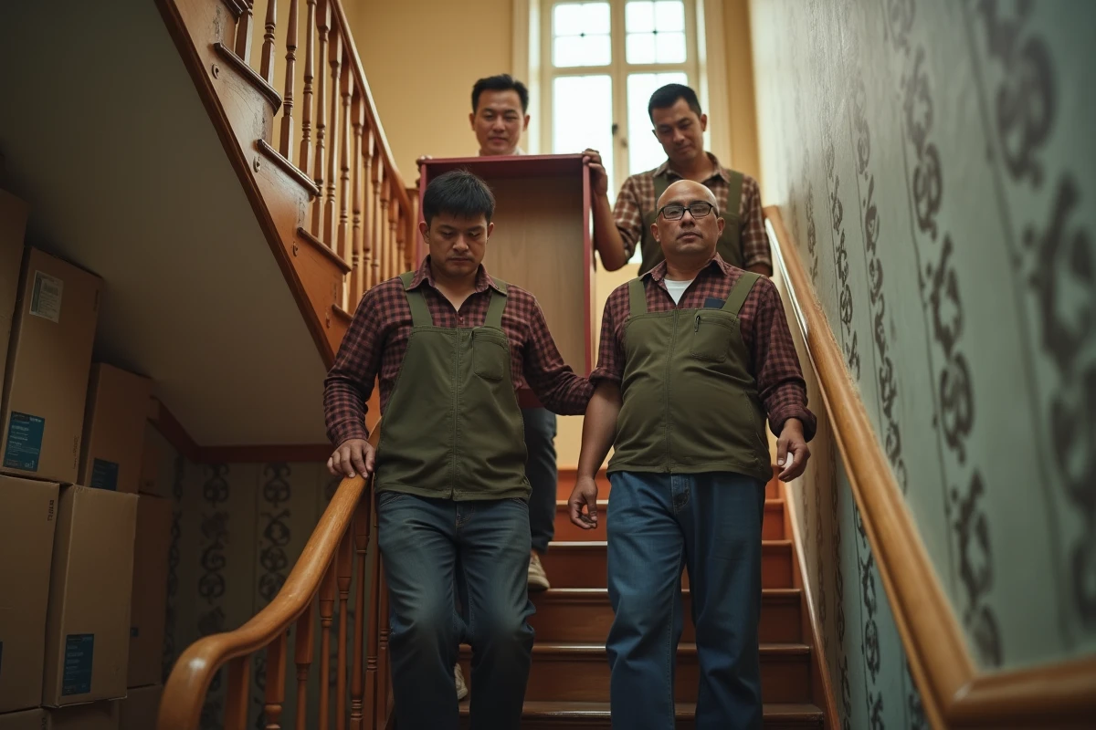 Groupe de volontaires portent une étagère dans un escalier