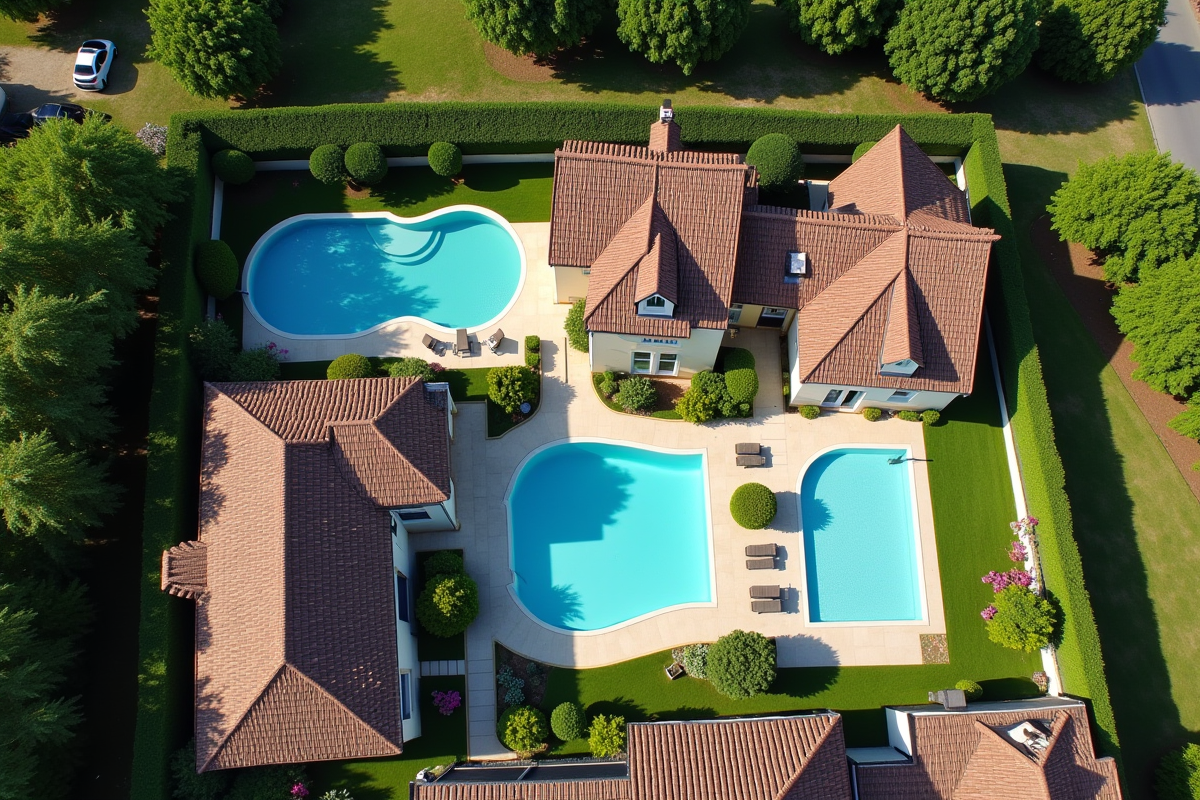 Vue aérienne de maisons avec piscines dans un quartier français
