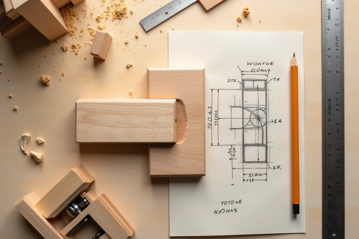 Vue de dessus d'un tenon mortaise en bois avec outils de traçage et calculs de jeu sur une table d'atelier