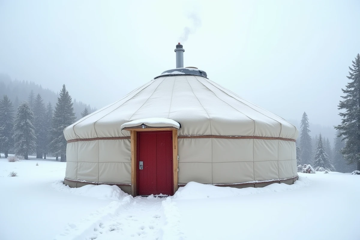 Yourte isolée couverte de neige dans un paysage montagnard hivernal avec fumée de cheminée